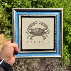 May include: A square framed wall art piece featuring a blue and gold frame surrounding a cream-coloured tile. The tile displays a detailed black ink illustration of a crab with the text MARYLAND, treasures of the bay, and est. 1788.