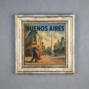 May include: A framed wall art print featuring a painting of a couple dancing tango on a street in Buenos Aires, with the city obelisk in the background. The text BUENOS AIRES is printed in dark blue at the top. The frame is ornate, distressed gold.