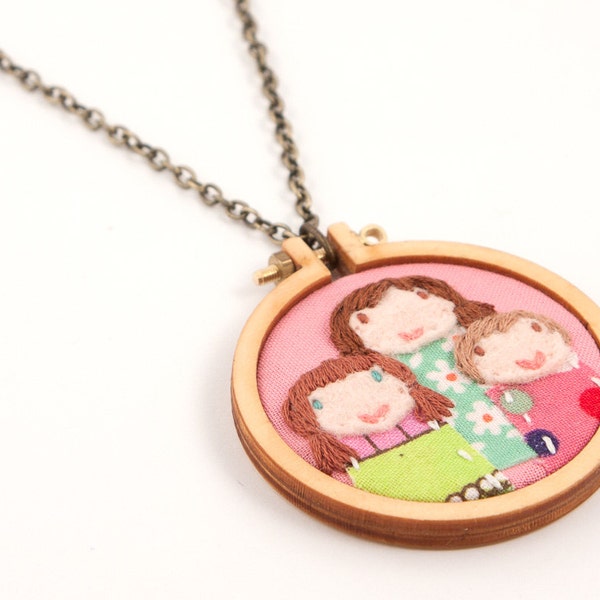 Custom portrait of 3 - necklace - made to order by dandelyne - embroidered and appliqued