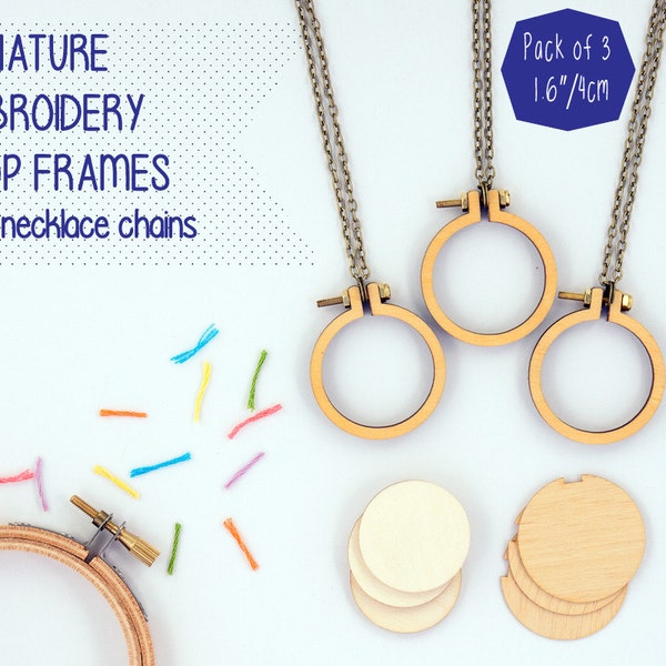 Miniature embroidery hoop frames with necklace chains - PACK OF 3 - 4cm/1.6" hoop - unique Dandelyne design