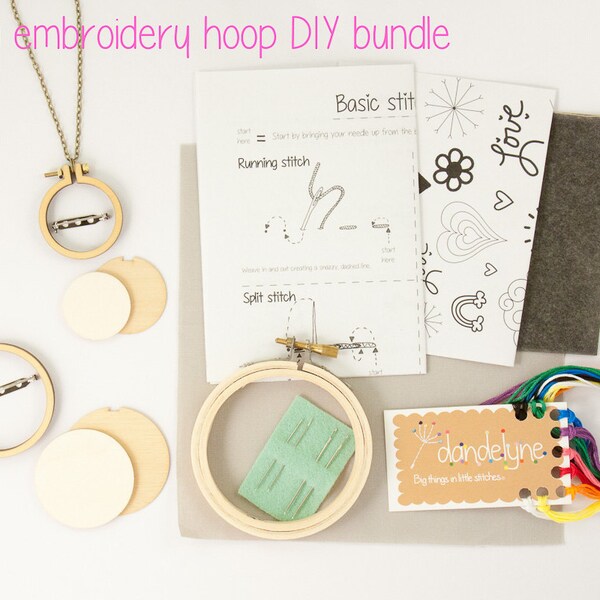 Mini embroidery kit AND mini hoops (2 sizes) - bundle SPECIAL - DIY - hand embroidery kit and 2 miniature embroidery frames