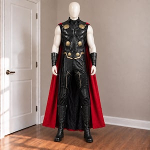 May include: A sleeveless black costume featuring gold circular accents on the chest and belt, paired with black pants, black gauntlets, black boots, and a long red cape. The outfit is displayed on a white mannequin against a neutral background.