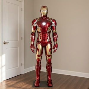 Könnte beinhalten: Eine lebensgroße Iron-Man-Statue mit glänzendem, rot-goldenen Metallic-Finish. Der Anzug verfügt über einen detaillierten Helm, artikulierte Panzerplatten und einen leuchtenden, weißen, kreisförmigen Arc-Reaktor auf der Brust.