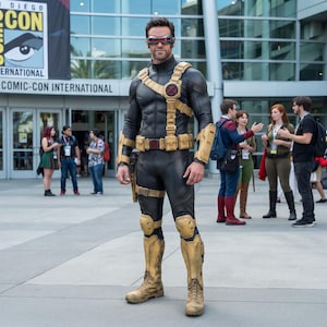 May include: A black tactical bodysuit with tan armor plating on the shoulders, forearms, knees, and shins. The outfit includes a tan utility belt and chest harness with red X-Men emblems, paired with a red-tinted visor over the eyes.
