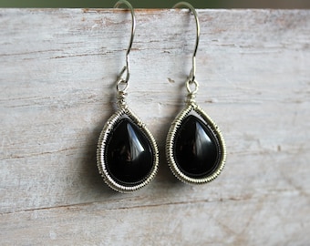 Black Onyx Silver Earrings - Black Gemstone Dangle Earrings - Black and Silver  - Wire Wrapped Handmade Jewelry