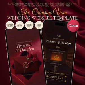 May include: A Canva wedding website template titled The Crimson Vow, displayed on two smartphones. The design features deep red tones, a wax-sealed envelope graphic, and text including Vivienne & Damien, RSVP form, and a countdown timer.