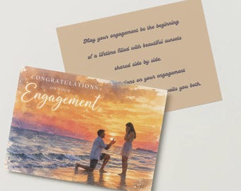 Tarjeta de compromiso romántica con diseño de acuarela de una puesta de sol en la playa