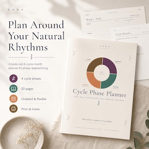 May include: A Cycle Phase Planner with a cream cover featuring a circular diagram divided into four colored segments representing cycle phases. The text reads Plan Around Your Natural Rhythms, Cycle Phase Planner, and Your cycle is a compass, not a calendar.