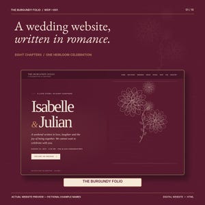 Modello di sito web per matrimonio in bordeaux, sito web per matrimonio in HTML modificabile con editor browser senza codice, dettagli del weekend di matrimonio floreale