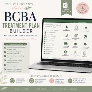 May include: A laptop displaying the Clinician's Studio BCBA Treatment Plan Builder Excel workbook. The screen shows a dashboard with a step-by-step workflow and icons for assessment, goals, and intervention. Text includes "Assess. Plan. Teach. Document."
