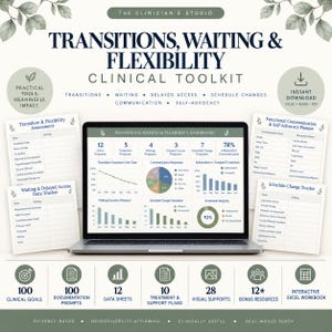 May include: A digital clinical toolkit titled Transitions, Waiting & Flexibility featuring a laptop displaying a data dashboard, surrounded by printable assessment forms, trackers, and planners with green leaf accents and data charts.