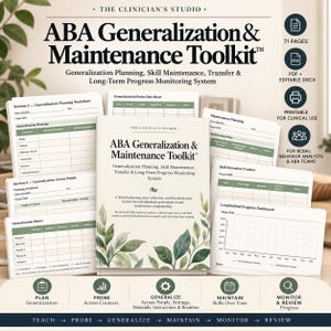 Kit di strumenti per la generalizzazione e il mantenimento delle competenze ABA / Schede dati BCBA, Pianificatore di generalizzazione, Strumento di monitoraggio del mantenimento delle competenze, Moduli clinici ABA