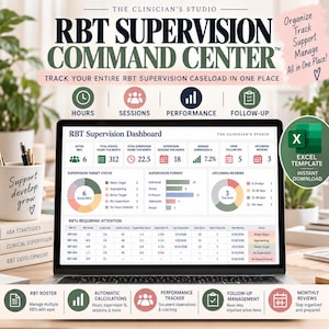 May include: A digital RBT Supervision Command Center dashboard displayed on a laptop screen, featuring data tables, charts, and metrics for tracking caseloads, supervision hours, sessions, and performance, with an Excel template icon included.