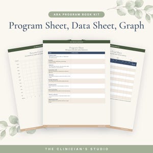 May include: An ABA Program Book Kit featuring three printed sheets: a Program Sheet, a Percent-Correct graph, and a Multi-Trial Sheet. Each document has a dark green header with the text ABA PROGRAM BOOK KIT and white paper with dark text.