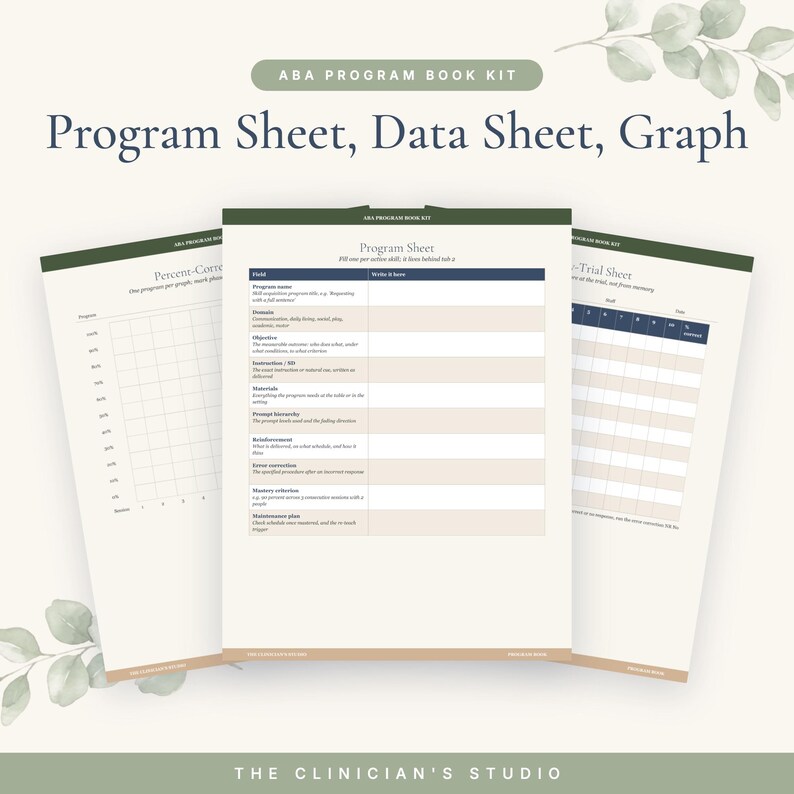 May include: An ABA Program Book Kit featuring three printed sheets: a Program Sheet, a Percent-Correct graph, and a Multi-Trial Sheet. Each document has a dark green header with the text ABA PROGRAM BOOK KIT and white paper with dark text.