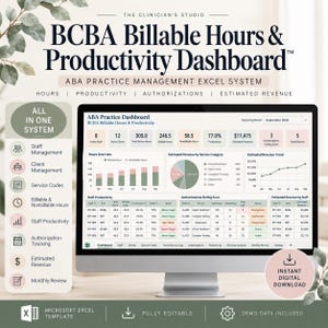 Puede incluir: Un monitor de computadora que muestra un sistema Excel de panel de control de horas facturables y productividad BCBA. La pantalla presenta tablas de datos, gráficos y métricas para la gestión de personal, clientes y seguimiento de ingresos.