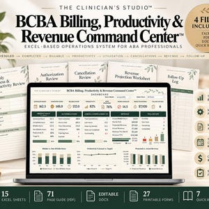 Könnte beinhalten: Ein digitales Dashboard mit dem Titel BCBA Billing, Productivity & Revenue Command Center auf einem Laptop-Bildschirm, umgeben von gedruckten Dokumentvorlagen für ABA-Fachkräfte, inklusive Monatsberichten.