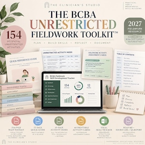 May include: The BCBA Unrestricted Fieldwork Toolkit 2027 is a digital resource featuring a laptop displaying a skill development tracker, a stack of labeled books, and various printed guides including an activity index, assignment cards, and a table of contents. It includes 154 activities, a 214-page main toolkit, a 12-page quick guide, a 10-page activity index, 44 printable activity cards, an Excel skill tracker, and a read-me source log.