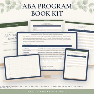 May include: An ABA Program Book Kit featuring various printable templates, including a program sheet, trial-by-trial sheet, and data graphs. The documents are displayed on a computer monitor and tablet, showcasing organized layouts for clinical data tracking.