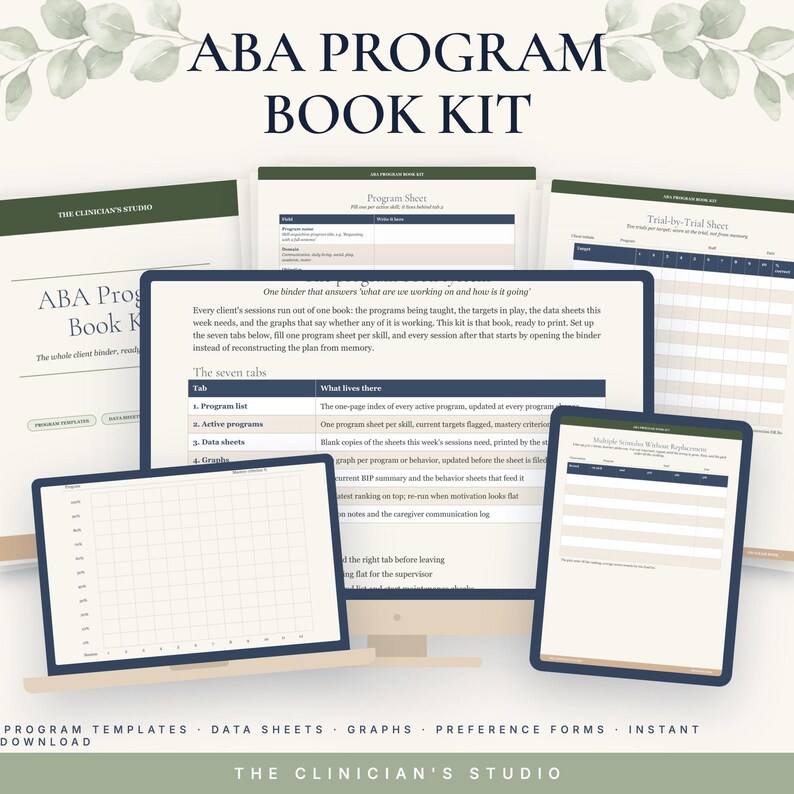 May include: An ABA Program Book Kit featuring various printable templates, including a program sheet, trial-by-trial sheet, and data graphs. The documents are displayed on a computer monitor and tablet, showcasing organized layouts for clinical data tracking.
