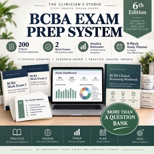 May include: The Clinician's Studio 6th Edition BCBA Exam Prep System includes two mock exam booklets, a clinical reasoning workbook, and a stack of CLEAR method study cards. A laptop displays a study dashboard with performance analytics and charts.
