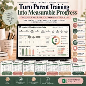 Könnte beinhalten: Eine digitale Vorlage für einen Caregiver BST Daten- und Kompetenz-Tracker für Microsoft Excel. Das Display zeigt ein Dashboard mit Diagrammen, Tabellen und Fortschrittskennzahlen für ABA-Elterntraining und Verhaltenskompetenztraining.