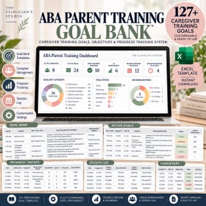 May include: An ABA Parent Training Goal Bank Excel template displayed on a laptop screen, featuring a dashboard with active caregiver and goal metrics, progress tracking charts, and detailed tables for session logs and caregiver management.