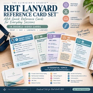 May include: A set of 14 double-sided RBT Lanyard Reference Cards for ABA professionals. The cards feature topics like Prompt Levels, Reinforcement Schedules, ABC Data, Assent, and Communication. Includes a navy blue lanyard and a stack of cards.