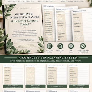 May include: A 69-page ABA Behavior Intervention Plan and Behavior Support Toolkit document set. Includes a cover page, case overview, functional assessment, target behavior summary, and various planning templates for behavior intervention and data tracking.