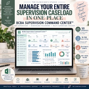 May include: A laptop screen displaying the BCBA Supervision Command Center, an Excel-based dashboard for tracking supervisees, fieldwork, and supervision hours. The interface features charts, progress bars, and data tables for professional caseload management.