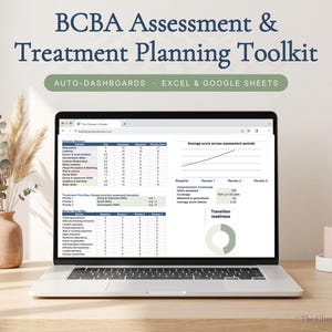 Op de afbeelding: Een laptopscherm met een BCBA-beoordelings- en behandelplanningstoolkit met automatische dashboards voor Excel en Google Sheets. Het scherm toont gegevenstabellen voor domeinbeheersing, barrièrebeoordelingen en een donutgrafiek.