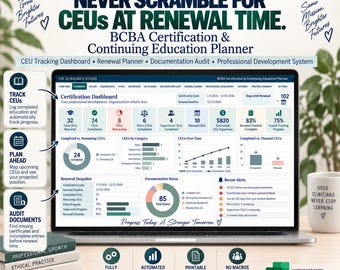 BCBA CEU Tracker and Renewal Planner | Continuing Education Dashboard | Ethics & Supervision CEU Log | Excel Spreadsheet