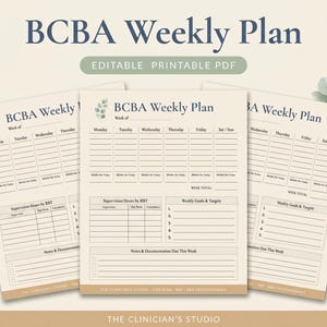 Puede incluir: Una plantilla PDF imprimible de plan semanal BCBA en color beige con texto azul oscuro, una cuadrícula de horario diario, secciones para horas de supervisión, objetivos semanales y notas, decorada con hojas de eucalipto.