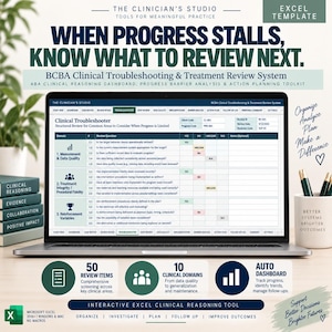 May include: A laptop screen displaying The Clinician's Studio Excel template for BCBA clinical troubleshooting and treatment review. The interface shows a structured table with review questions, domains, and data quality metrics for clinical analysis.