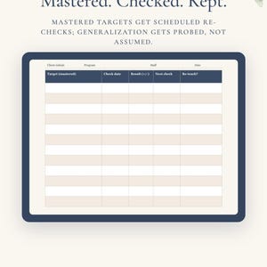 May include: A digital tracking sheet titled Mastered. Checked. Kept. with the text Mastered targets get scheduled re-checks; generalization gets probed, not assumed. The table includes columns for client initials, program, staff, date, target, check date, result, next check, and re-teach.