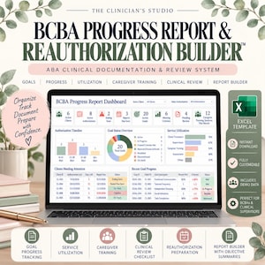 Op de afbeelding: Een digitaal BCBA voortgangsrapport en re-autorisatie builder Excel-sjabloon weergegeven op een laptopscherm. Het dashboard bevat datavisualisaties, autorisatietijdlijnen, doelstatusgrafieken en tabellen voor het bijhouden van cliëntgegevens.