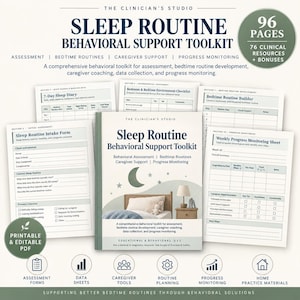 May include: A 96-page Sleep Routine Behavioural Support Toolkit featuring printable and editable PDF documents. Includes assessment forms, sleep diaries, bedtime routine builders, and progress monitoring sheets with a soft sage green colour palette.