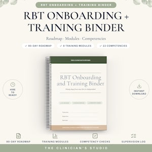 Puede incluir: Un archivador de formación e integración RBT con encuadernación en espiral, cubierta blanca, encabezado verde oscuro y pie de página beige. El texto dice RBT Onboarding and Training Binder, con campos para técnico, supervisor y fecha de inicio.