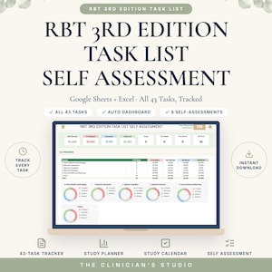 May include: A digital RBT 3rd Edition Task List Self Assessment tool for Google Sheets and Excel. The interface displays a dashboard with 43 tasks, progress tracking, and six donut charts visualizing data for various behavioral domains.
