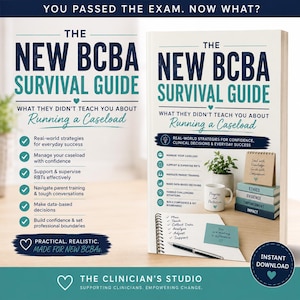 May include: A book titled The New BCBA Survival Guide: What They Didn't Teach You About Running a Caseload. The cover features dark blue and teal text, a list of professional strategies, a small plant, a mug, a notepad, and a stack of books.