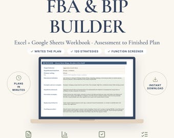 FBA BIP Template, Behavior Intervention Plan Builder, Functional Behavior Assessment Screener, Behavior Support Plan Spreadsheet for BCBA