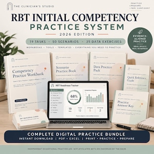 May include: The RBT Initial Competency Practice System 2026 Edition includes a Competency Practice Workbook, Scenario Practice Book, Data Practice Pack, Quick Reference Guide, Practice Answer Key, and RBT Rehearsal Cards, alongside a laptop displaying an RBT Readiness Tracker dashboard.