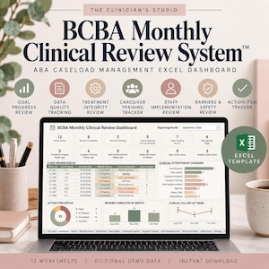 Puede incluir: Un panel de control digital de Excel BCBA Monthly Clinical Review System en la pantalla de una computadora portátil. La interfaz muestra tablas de datos, gráficos de barras y líneas para rastrear el estado del cliente y las tareas.