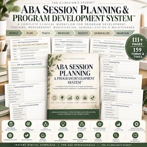 May include: The Clinician's Studio ABA Session Planning & Program Development System includes a central manual and various clinical forms. The materials feature text, icons, and a workflow chart for program development, teaching, measurement, and maintenance.