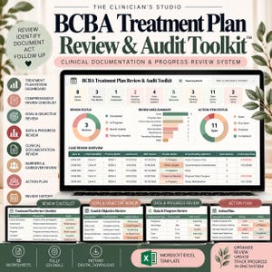 Puede incluir: Un kit de herramientas digital BCBA Treatment Plan Review & Audit en la pantalla de una computadora portátil, con un panel de control con gráficos, tablas de revisión de casos y estados de acción. Incluye ventanas para listas y seguimiento.