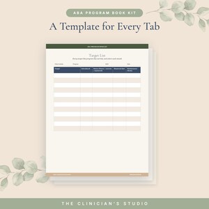May include: A printable ABA program book kit template featuring a target list document. The page includes a dark green header with the text ABA PROGRAM BOOK KIT, a table with columns for target, introduced, status, mastered date, and maintenance checks.