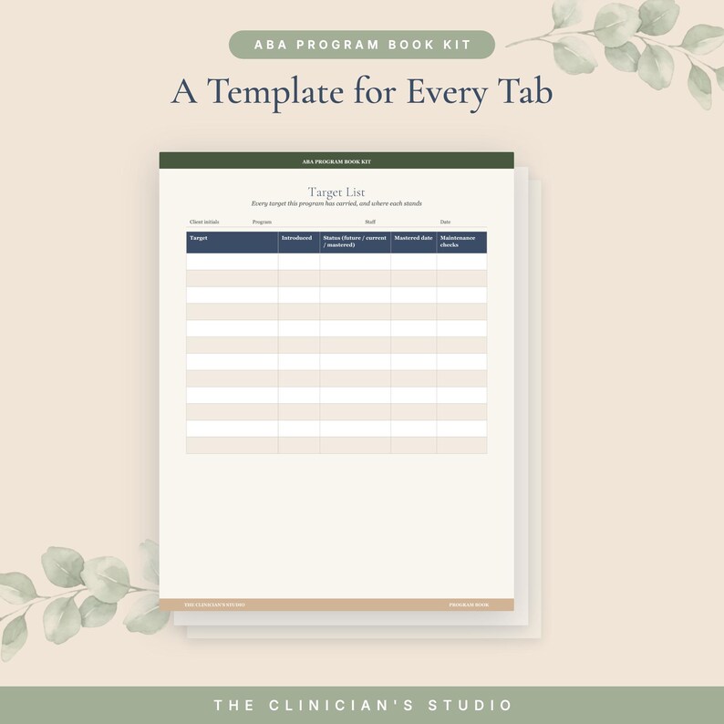 May include: A printable ABA program book kit template featuring a target list document. The page includes a dark green header with the text ABA PROGRAM BOOK KIT, a table with columns for target, introduced, status, mastered date, and maintenance checks.