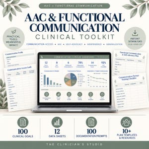 Peut inclure: Un kit d'outils cliniques pour la communication fonctionnelle et CAA numérique, comprenant un ordinateur portable affichant un tableau de bord clinique avec des graphiques, entouré de formulaires imprimables de profil et d'audit.