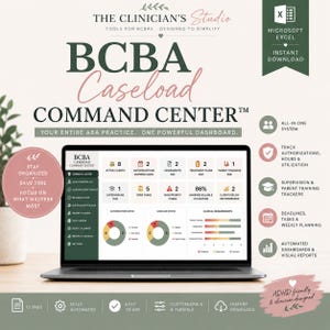 May include: A digital BCBA Caseload Command Center dashboard displayed on a laptop screen. The interface features sections for active clients, authorizations, assessments, treatment plans, and billable hours, with charts showing authorization status and clinical requirements.