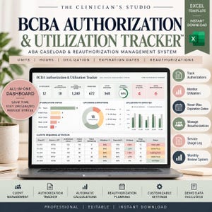 Pode incluir: Um painel digital exibido na tela de um laptop intitulado BCBA Authorization & Utilization Tracker. A interface apresenta tabelas de dados, gráficos de barras e indicadores circulares de progresso para o rastreamento de horas e autorizações.